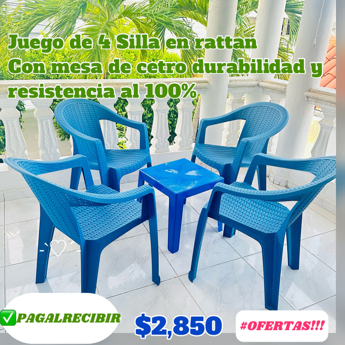 Juego de 4 silla en rattan color azul más mesa de centro durabilidad y alta resistencia