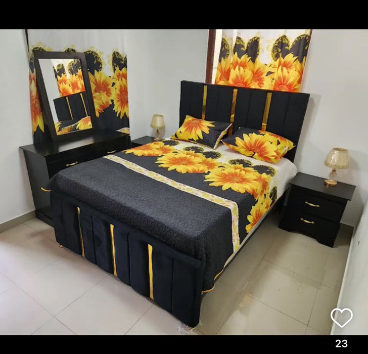 Juego de aposento queen size 2 plaza y media 60x75 NEGRO CON LISTONES DORADOS