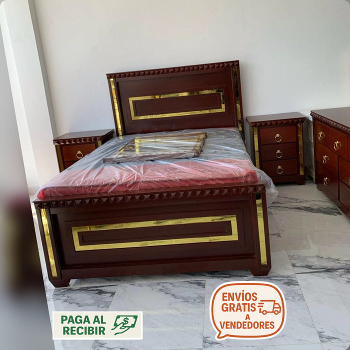 Juego de habitación color caoba con dorado