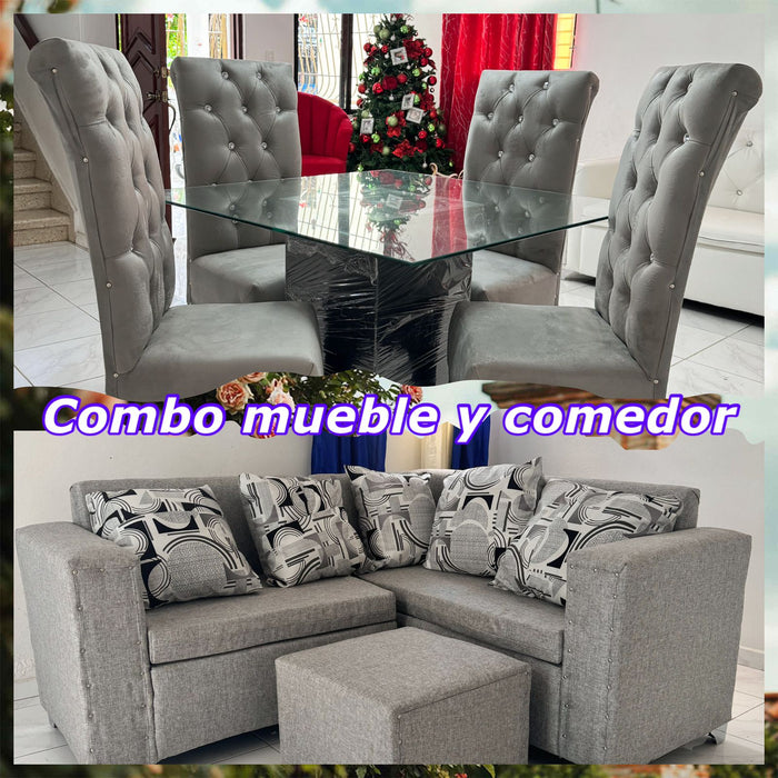 COMBO MUEBLE L + COMEDOR 4 SILLAS TAPIZADOS