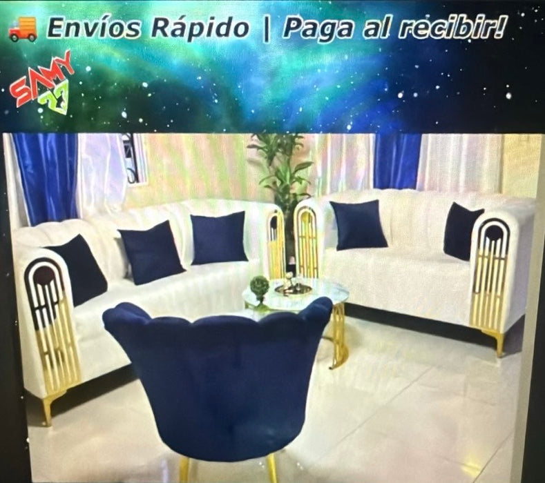 JUEGO DE MUEBLE DE SALA CREMA CON FLOR DE LOTE Y COJINES AZUL