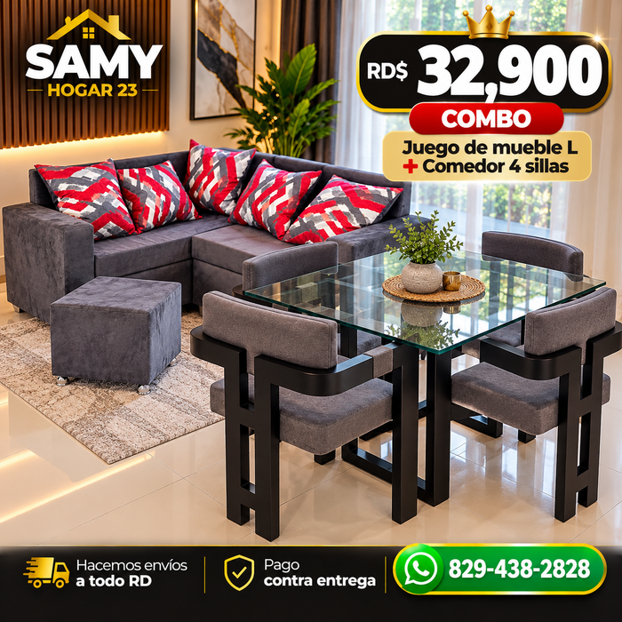 Súper combo mueble L + comedor de 4
