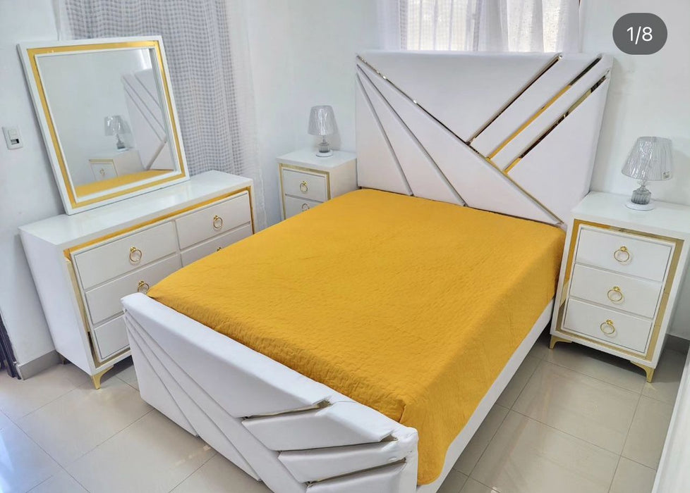 Juego de aposento BLANCO CON DORADO 2 plaza y media