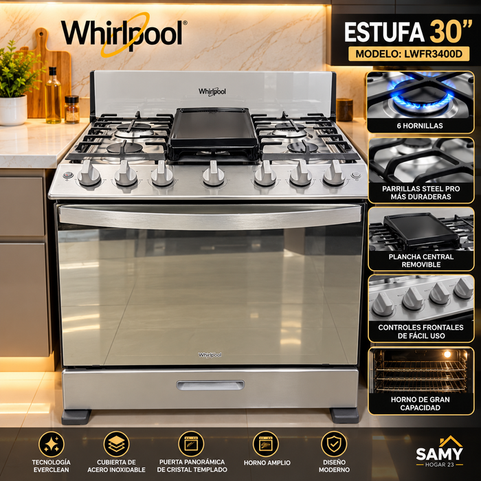 Estufa whirlpool 30” satinada - 6 Hornillas