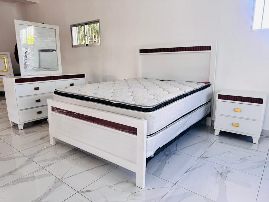 JUEGO DE APOSENTO EN MADERA COLOR BLANCO CON DISEÑOS CAOBA