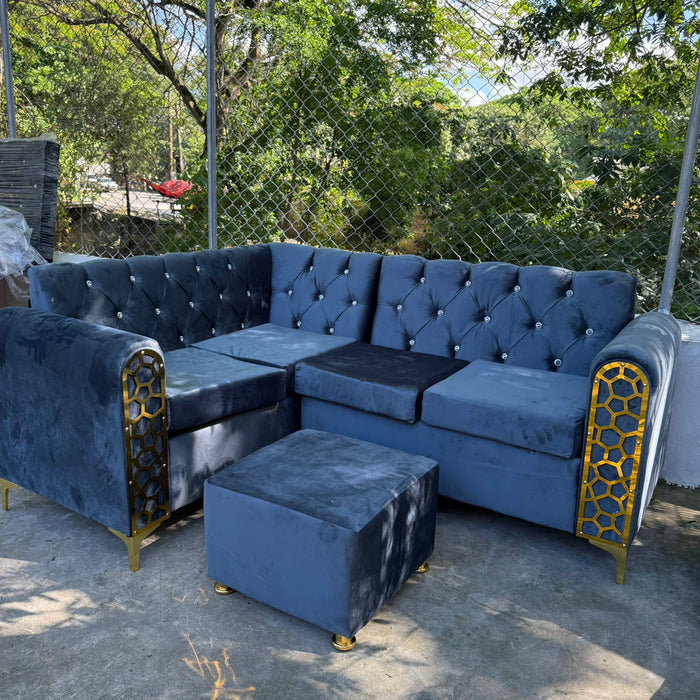 Mueble L 3p capitoneado luxury gold